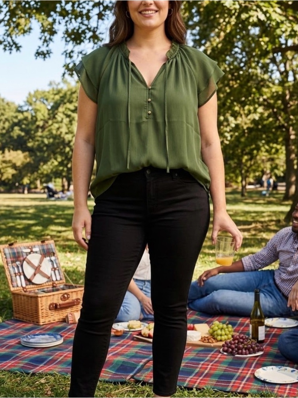 LOFT Olive Green Ruffle Tie-Neck Flutter Sleeve Blouse